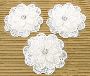 White Hand Embroidered Floral Applique With Beads, Crochet Cut Dana Applique, Beaded Flower Motifs
